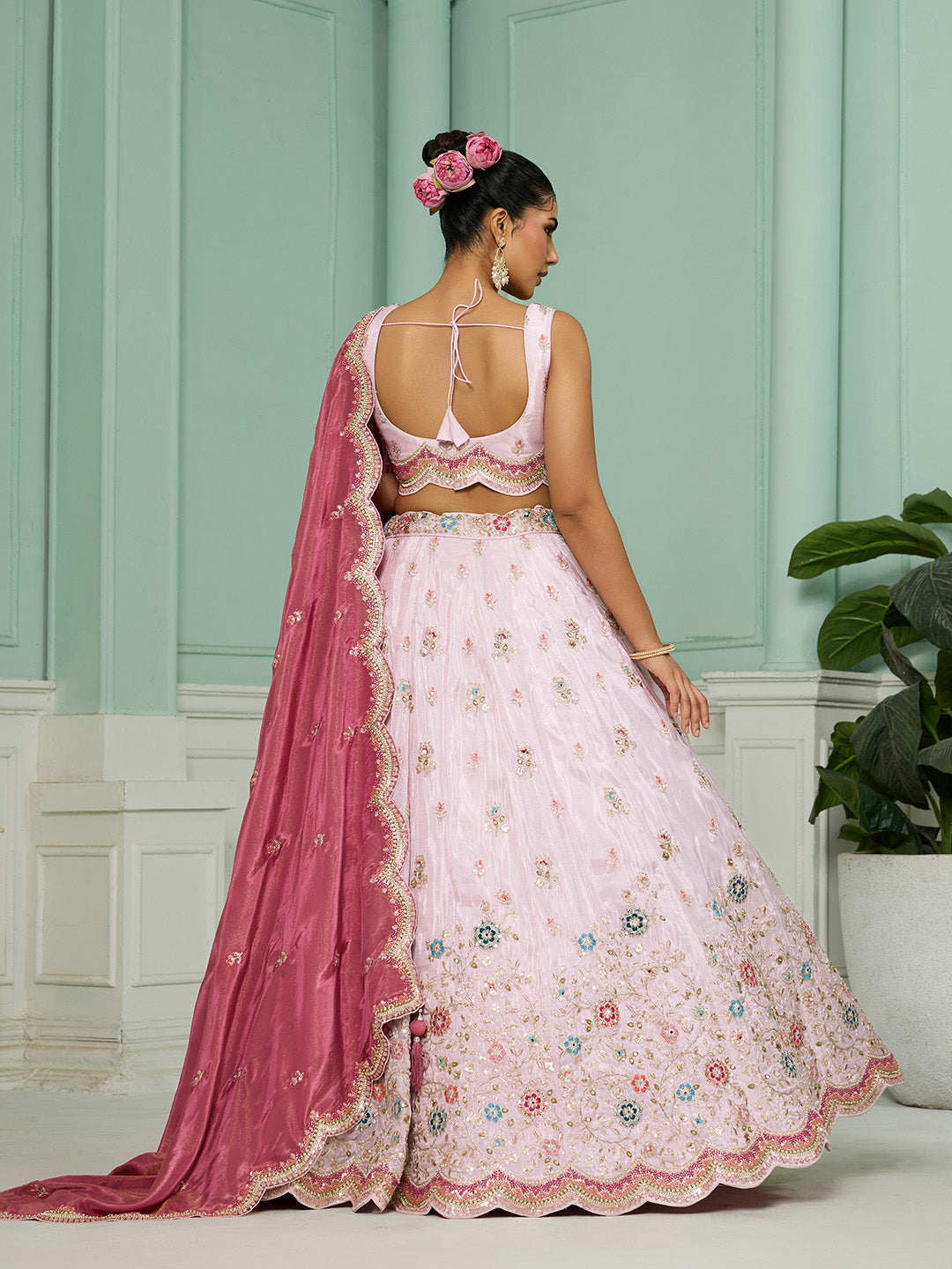Pink Tissue Lehenga Choli with Sequins, Beads & Thread Embroidery – Full-Flared Semi-Stitched Lehenga with Dupatta ClothsVilla
