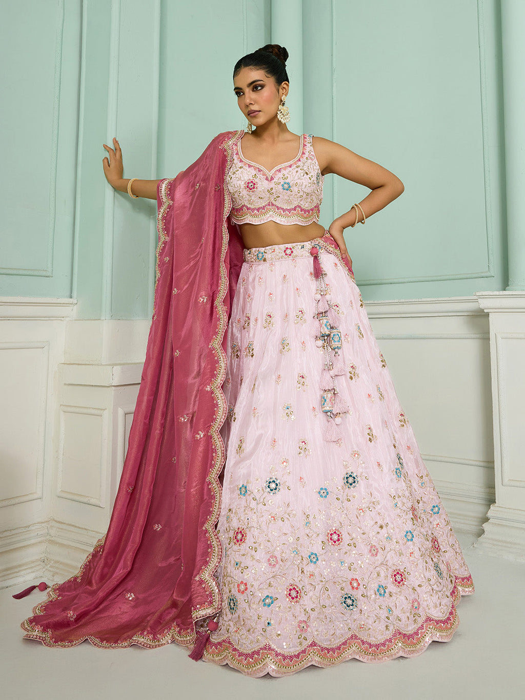 Pink Tissue Lehenga Choli with Sequins, Beads & Thread Embroidery – Full-Flared Semi-Stitched Lehenga with Dupatta ClothsVilla