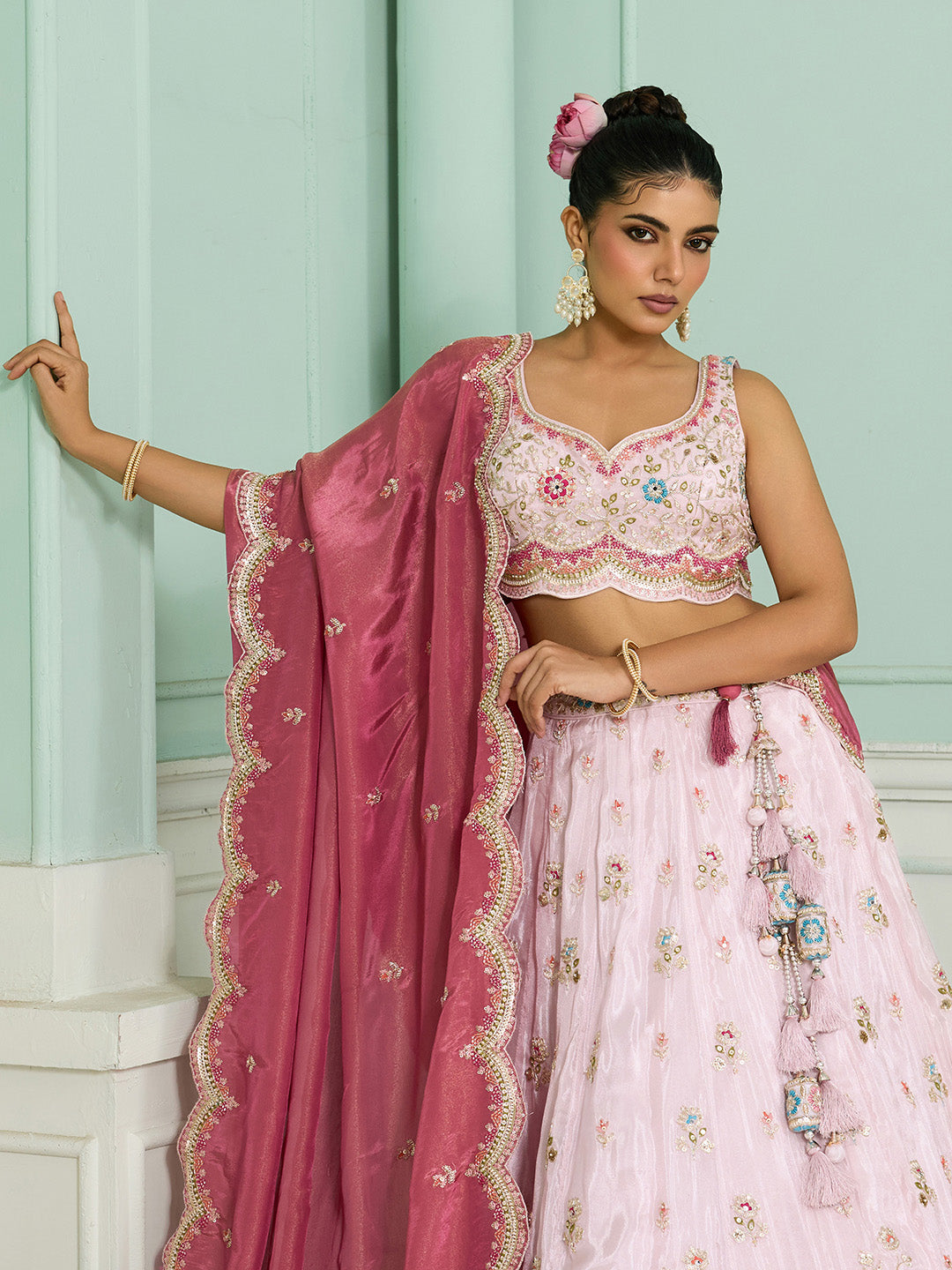 Pink Tissue Lehenga Choli with Sequins, Beads & Thread Embroidery – Full-Flared Semi-Stitched Lehenga with Dupatta ClothsVilla