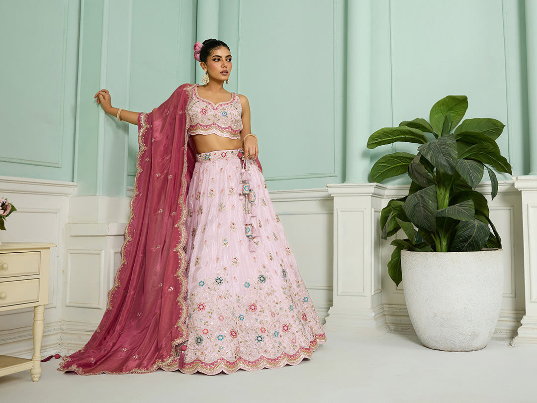 Pink Tissue Lehenga Choli with Sequins, Beads & Thread Embroidery – Full-Flared Semi-Stitched Lehenga with Dupatta Secondary image