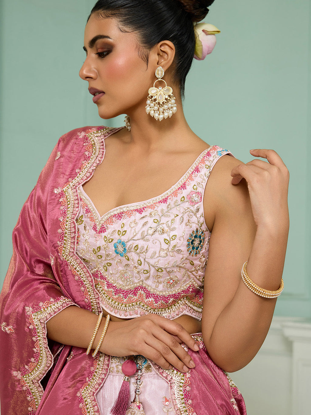 Pink Tissue Lehenga Choli with Sequins, Beads & Thread Embroidery – Full-Flared Semi-Stitched Lehenga with Dupatta ClothsVilla