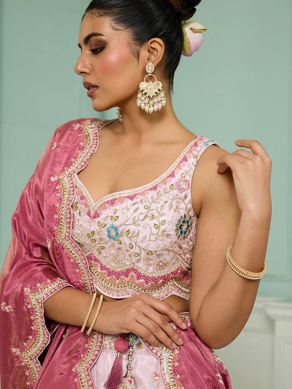 Pink Tissue Lehenga Choli with Sequins, Beads & Thread Embroidery – Full-Flared Semi-Stitched Lehenga with Dupatta ClothsVilla