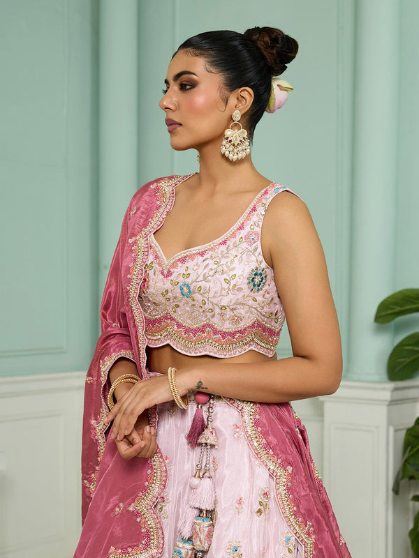 Pink Tissue Lehenga Choli with Sequins, Beads & Thread Embroidery – Full-Flared Semi-Stitched Lehenga with Dupatta ClothsVilla