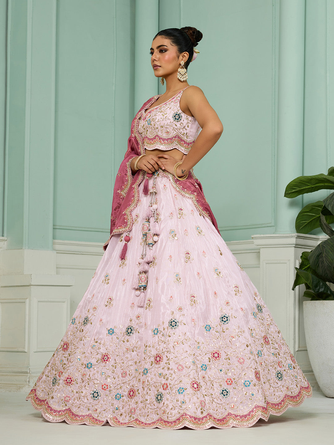 Pink Tissue Lehenga Choli with Sequins, Beads & Thread Embroidery – Full-Flared Semi-Stitched Lehenga with Dupatta ClothsVilla