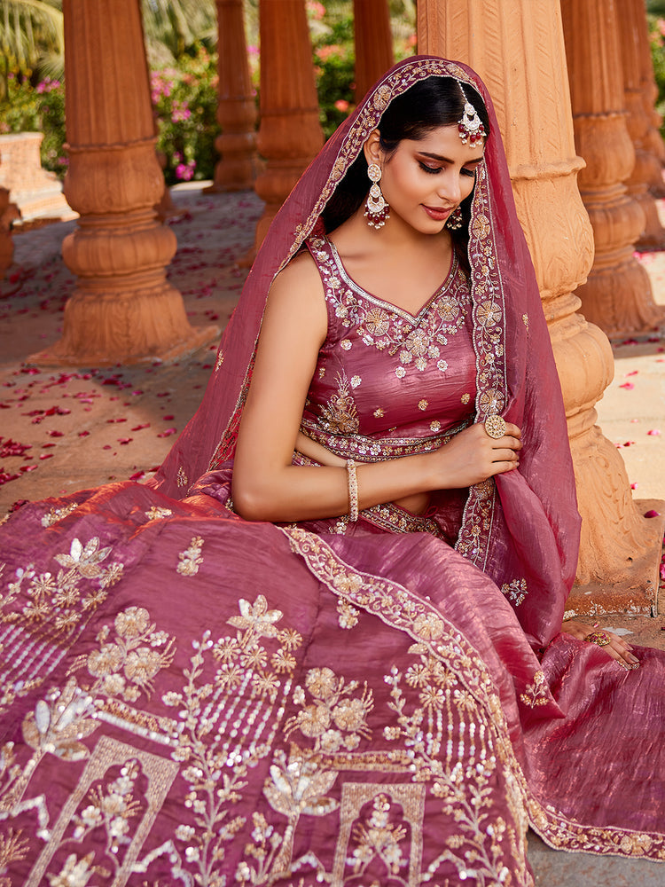 Pink Tissue Semi-Stitched Bridal Lehenga with Heavy Sequin, Moti, and Coding Embroidery Work ClothsVilla