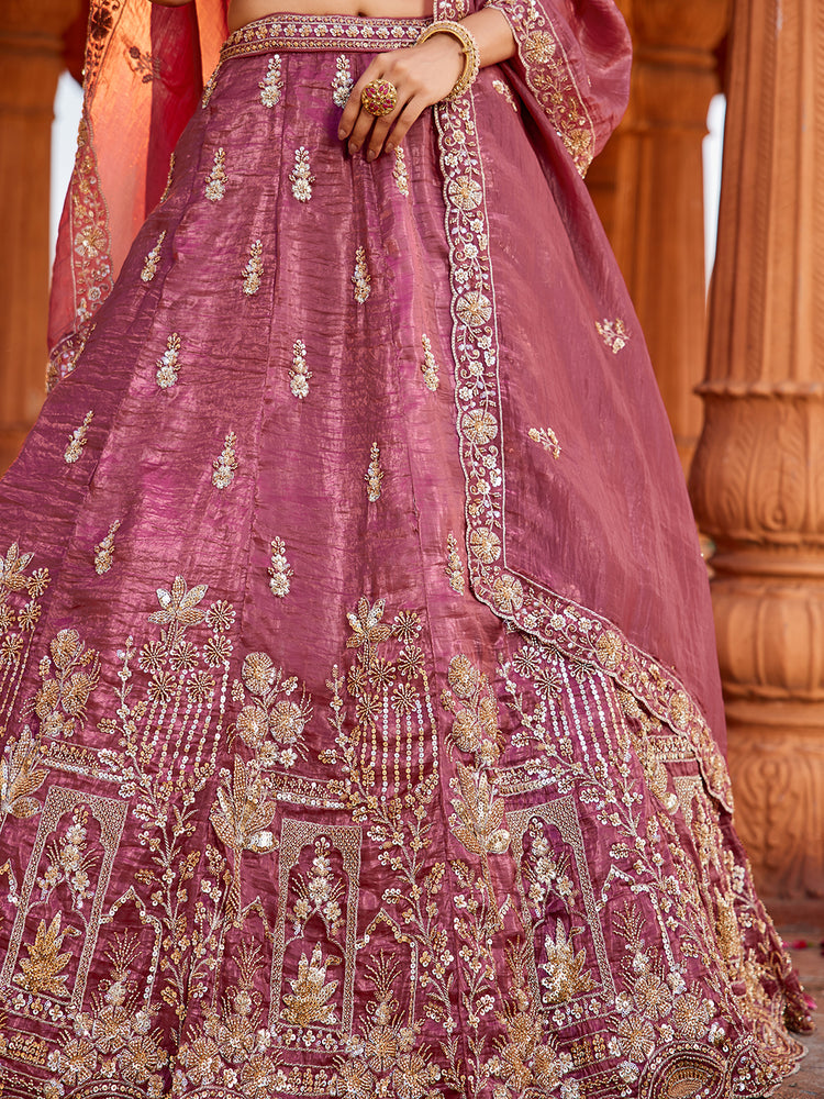 Pink Tissue Semi-Stitched Bridal Lehenga with Heavy Sequin, Moti, and Coding Embroidery Work ClothsVilla