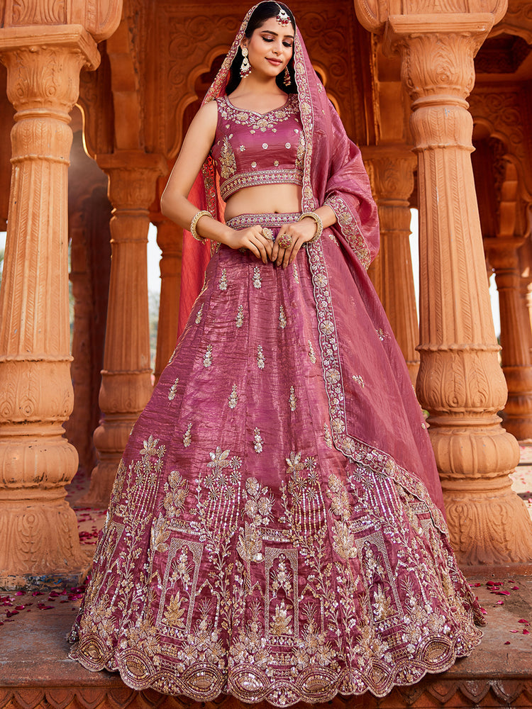 Pink Tissue Semi-Stitched Bridal Lehenga with Heavy Sequin, Moti, and Coding Embroidery Work ClothsVilla