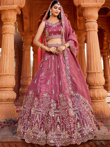 Pink Tissue Semi-Stitched Bridal Lehenga with Heavy Sequin, Moti, and Coding Embroidery Work ClothsVilla