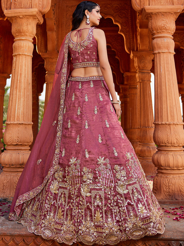 Pink Tissue Semi-Stitched Bridal Lehenga with Heavy Sequin, Moti, and Coding Embroidery Work ClothsVilla