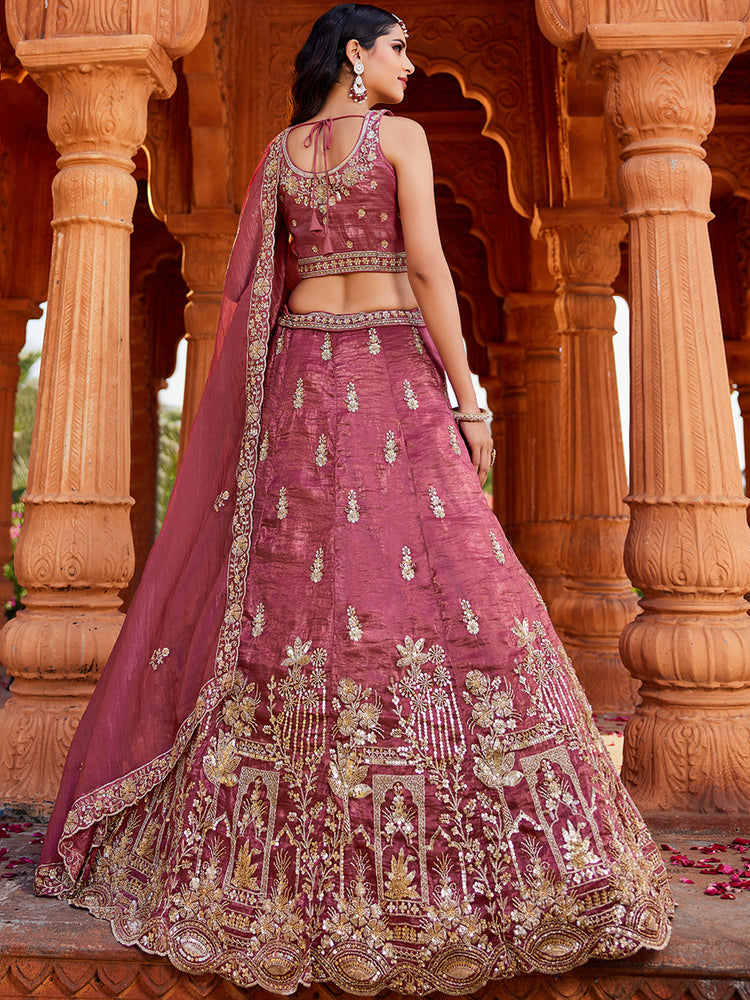 Pink Tissue Semi-Stitched Bridal Lehenga with Heavy Sequin, Moti, and Coding Embroidery Work ClothsVilla