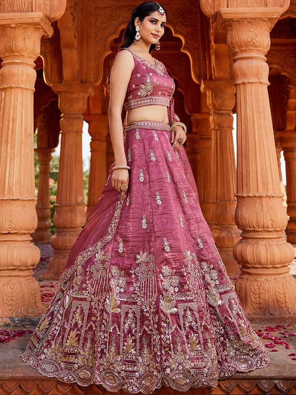 Pink Tissue Semi-Stitched Bridal Lehenga with Heavy Sequin, Moti, and Coding Embroidery Work ClothsVilla