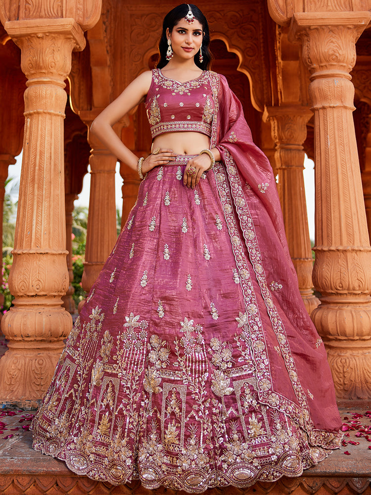 Pink Tissue Semi-Stitched Bridal Lehenga with Heavy Sequin, Moti, and Coding Embroidery Work ClothsVilla