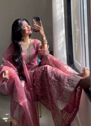 Pink Tissue Silk Embroidered Plazzo Set with Heavy 3mm Sequins, Coding Dori & Moti Hand Work – Fancy Sleeves, Full Stitched ClothsVilla