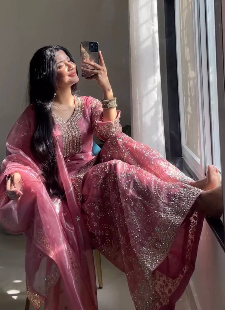 Pink Tissue Silk Embroidered Plazzo Set with Heavy 3mm Sequins, Coding Dori & Moti Hand Work – Fancy Sleeves, Full Stitched ClothsVilla
