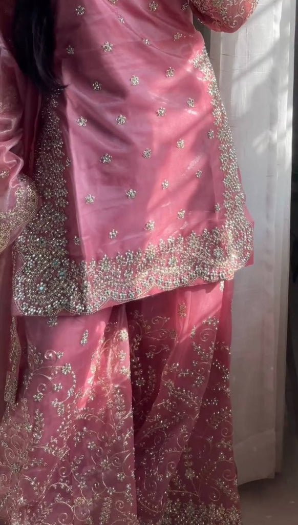 Pink Tissue Silk Embroidered Plazzo Set with Heavy 3mm Sequins, Coding Dori & Moti Hand Work – Fancy Sleeves, Full Stitched ClothsVilla