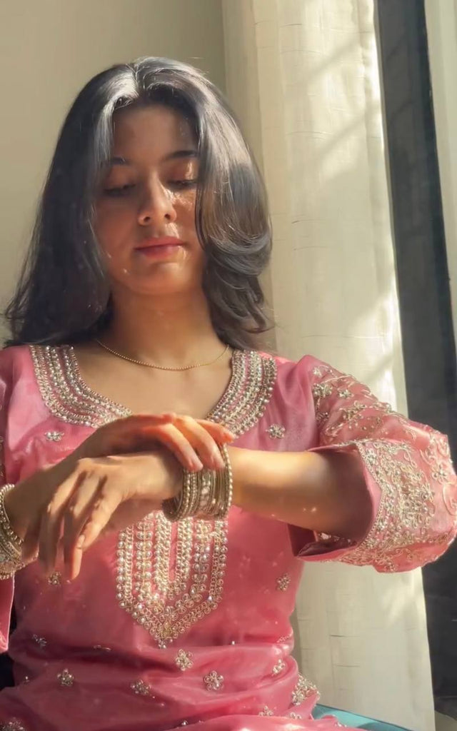 Pink Tissue Silk Embroidered Plazzo Set with Heavy 3mm Sequins, Coding Dori & Moti Hand Work – Fancy Sleeves, Full Stitched ClothsVilla