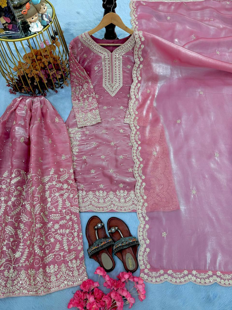 Pink Tissue Silk Embroidered Plazzo Set with Heavy 3mm Sequins, Coding Dori & Moti Hand Work – Fancy Sleeves, Full Stitched ClothsVilla