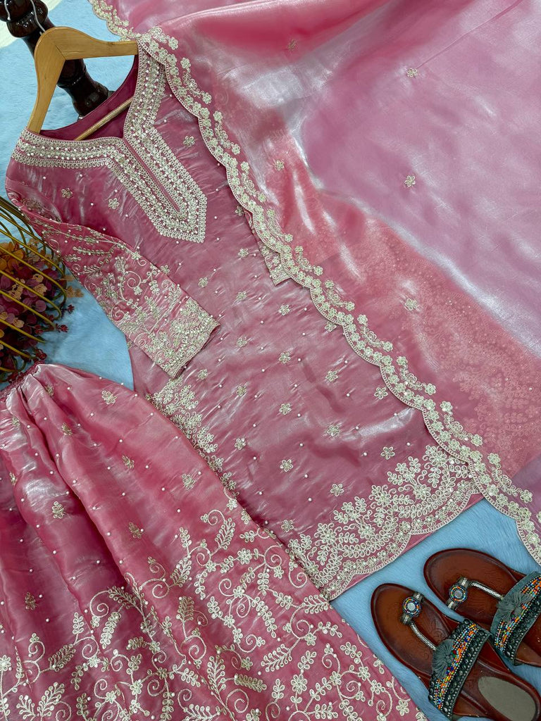 Pink Tissue Silk Embroidered Plazzo Set with Heavy 3mm Sequins, Coding Dori & Moti Hand Work – Fancy Sleeves, Full Stitched ClothsVilla