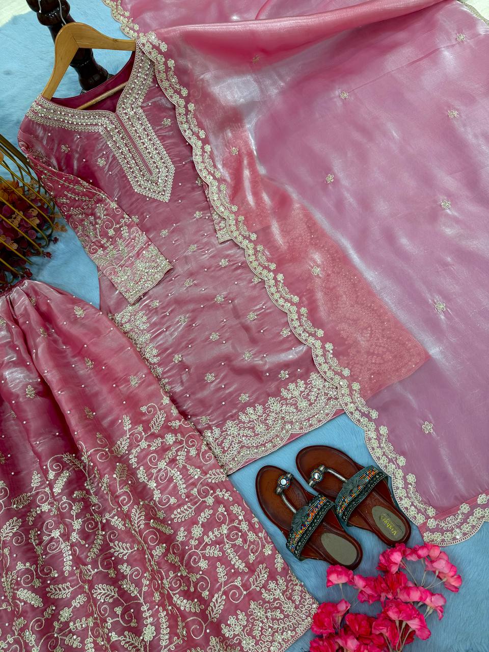 Pink Tissue Silk Embroidered Plazzo Set with Heavy 3mm Sequins, Coding Dori & Moti Hand Work – Fancy Sleeves, Full Stitched ClothsVilla