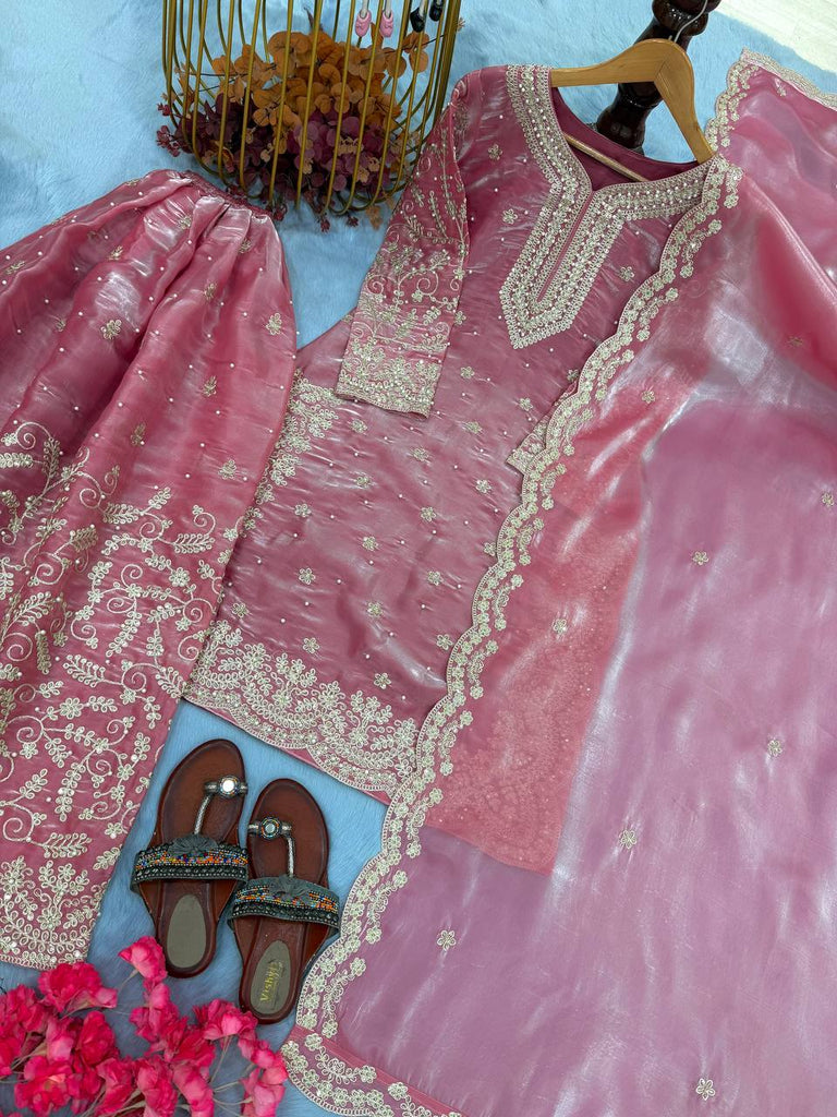 Pink Tissue Silk Embroidered Plazzo Set with Heavy 3mm Sequins, Coding Dori & Moti Hand Work – Fancy Sleeves, Full Stitched ClothsVilla