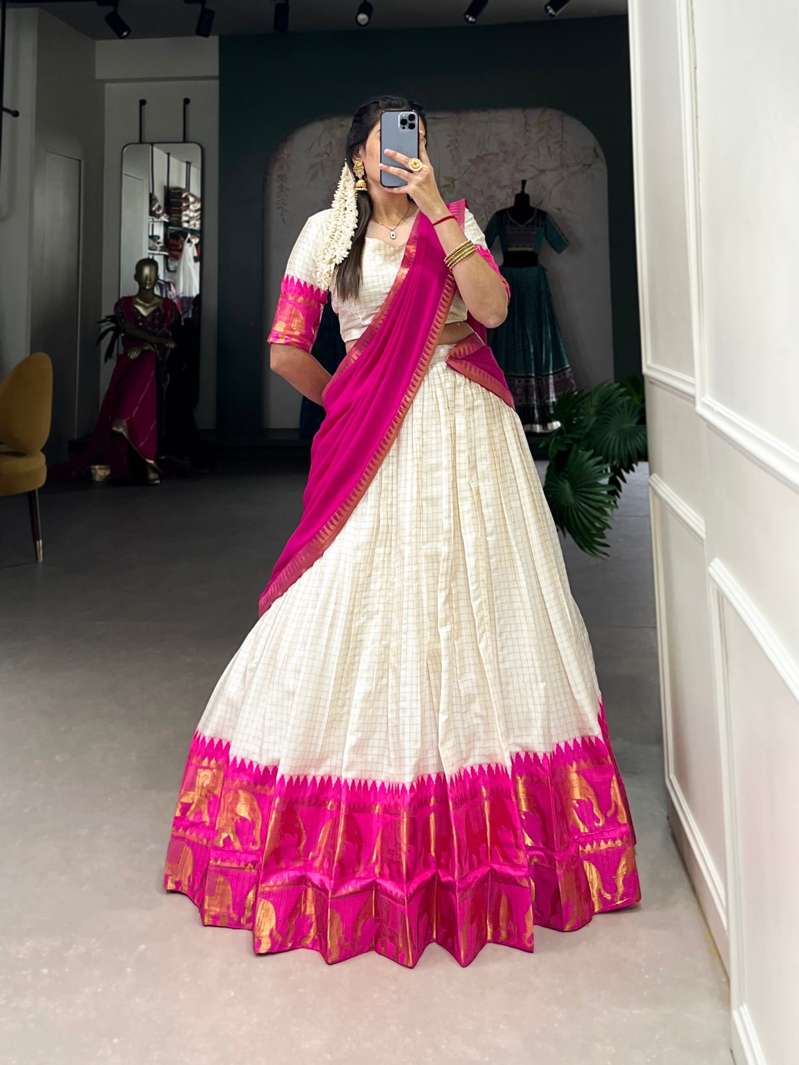 Pink Tradition Kalyani Cotton Lehenga Choli with Zari Weaving & Flowing Georgette Dupatta
