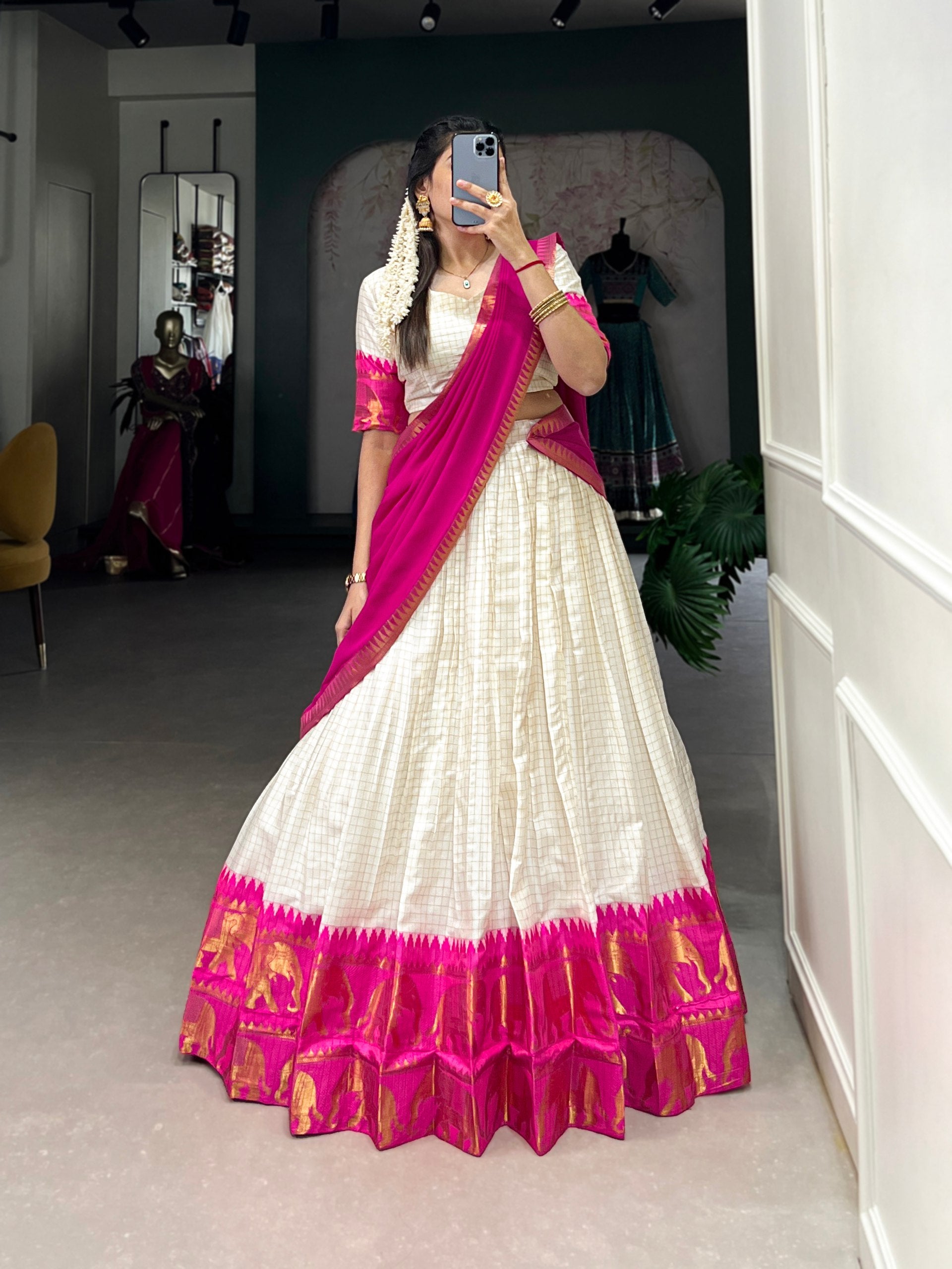 Pink Tradition Kalyani Cotton Lehenga Choli with Zari Weaving & Flowing Georgette Dupatta