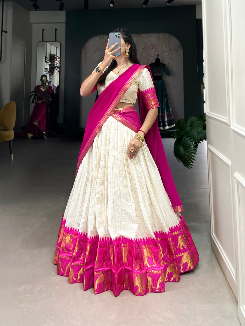 Pink Tradition Kalyani Cotton Lehenga Choli with Zari Weaving & Flowing Georgette Dupatta