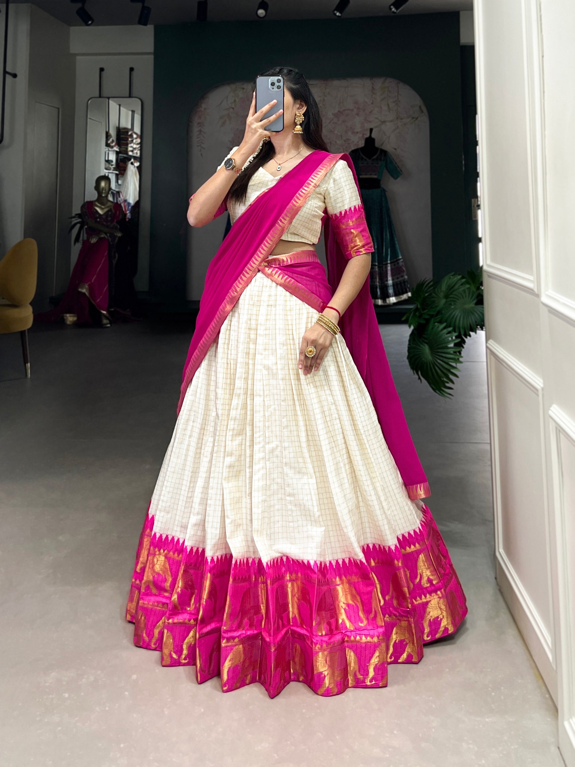 Pink Tradition Kalyani Cotton Lehenga Choli with Zari Weaving & Flowing Georgette Dupatta