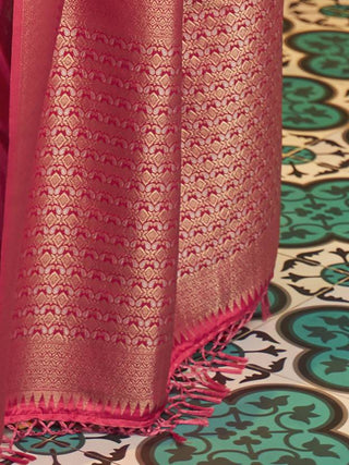 Pink Traditional Baluchari Silk Blend Saree with Unstitched Blouse Piece ClothsVilla