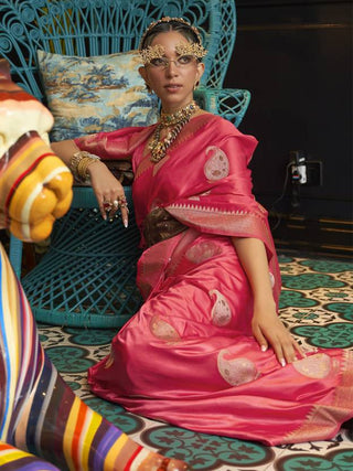 Pink Traditional Baluchari Silk Blend Saree with Unstitched Blouse Piece ClothsVilla