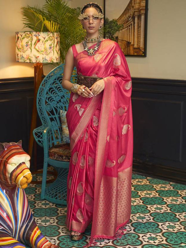 Pink Traditional Baluchari Silk Blend Saree with Unstitched Blouse Piece ClothsVilla
