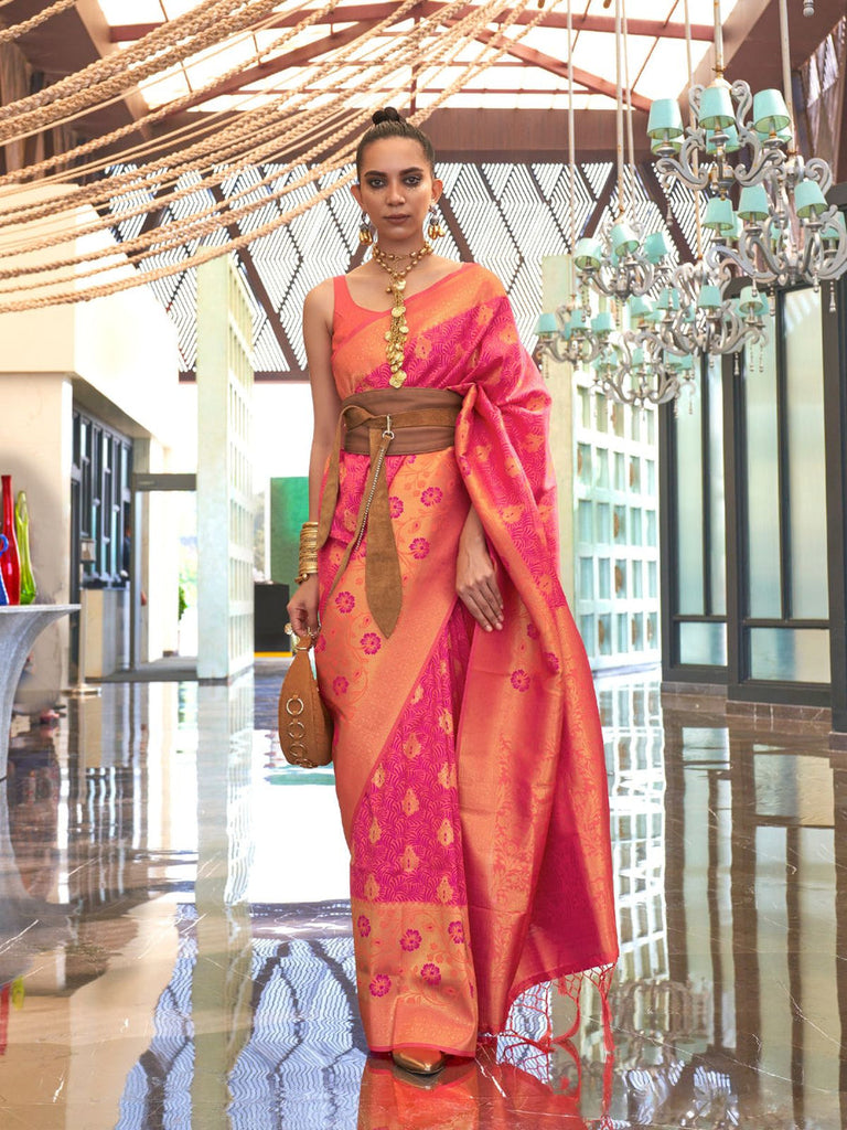 Pink Traditional Banarasi Silk Blend Saree with Unstitched Blouse Piece ClothsVilla