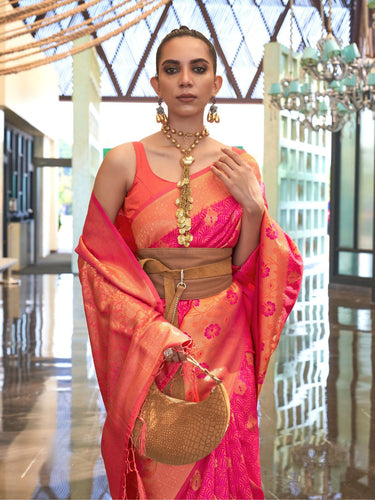 Pink Traditional Banarasi Silk Blend Saree with Unstitched Blouse Piece ClothsVilla