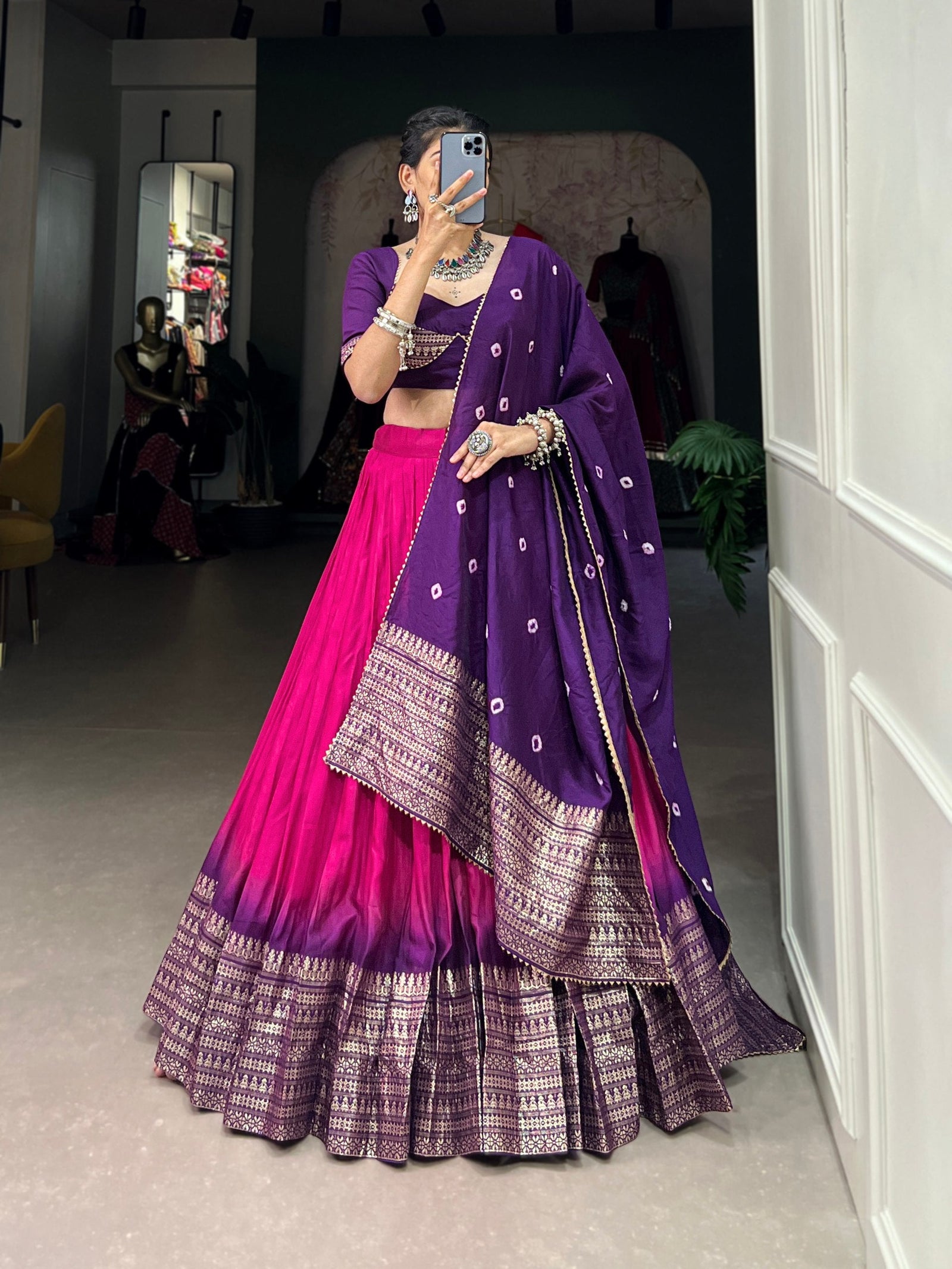 Pink Traditional Chanderi Zari Weaving Lehenga Set with Bandhej Dupatta ClothsVilla