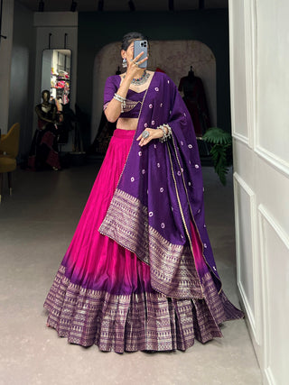 Pink Traditional Chanderi Zari Weaving Lehenga Set with Bandhej Dupatta ClothsVilla