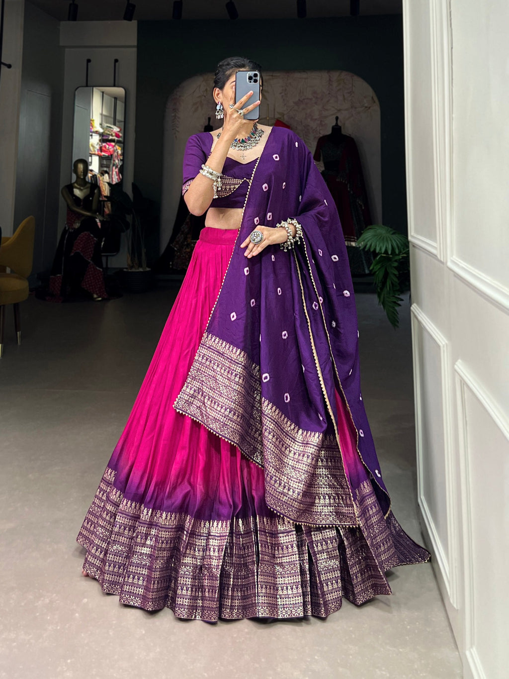 Pink Traditional Chanderi Zari Weaving Lehenga Set with Bandhej Dupatta ClothsVilla