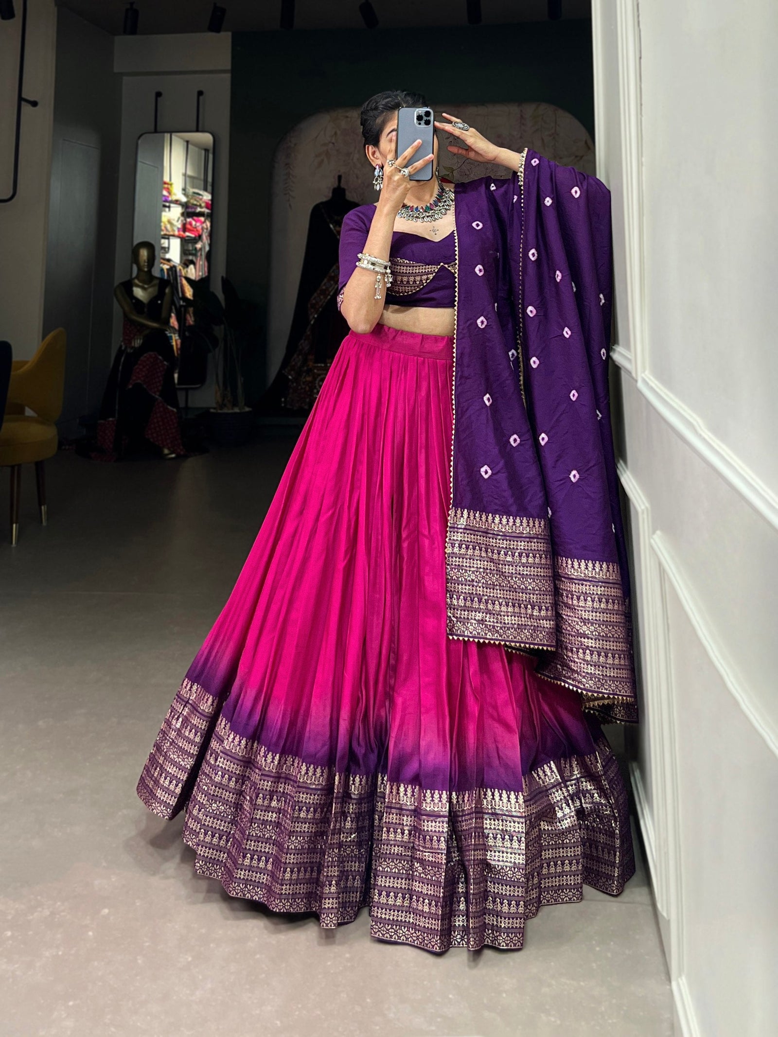 Pink Traditional Chanderi Zari Weaving Lehenga Set with Bandhej Dupatta ClothsVilla