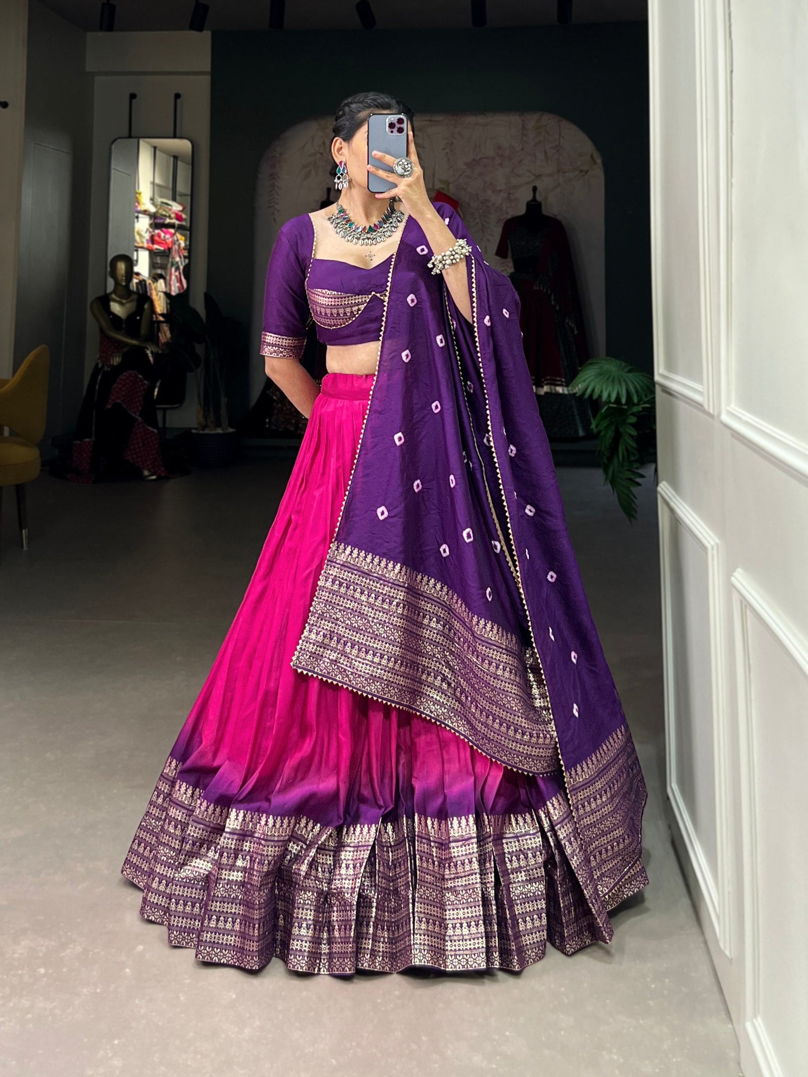 Pink Traditional Chanderi Zari Weaving Lehenga Set with Bandhej Dupatta ClothsVilla