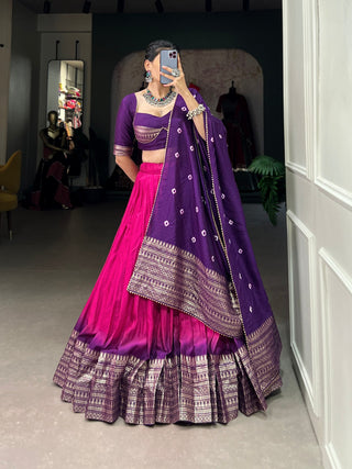 Pink Traditional Chanderi Zari Weaving Lehenga Set with Bandhej Dupatta ClothsVilla