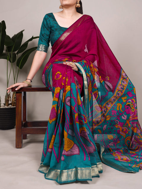 Pink Traditional Floral Printed Chanderi Saree with Zari Weaving Work Clothsvilla Main image