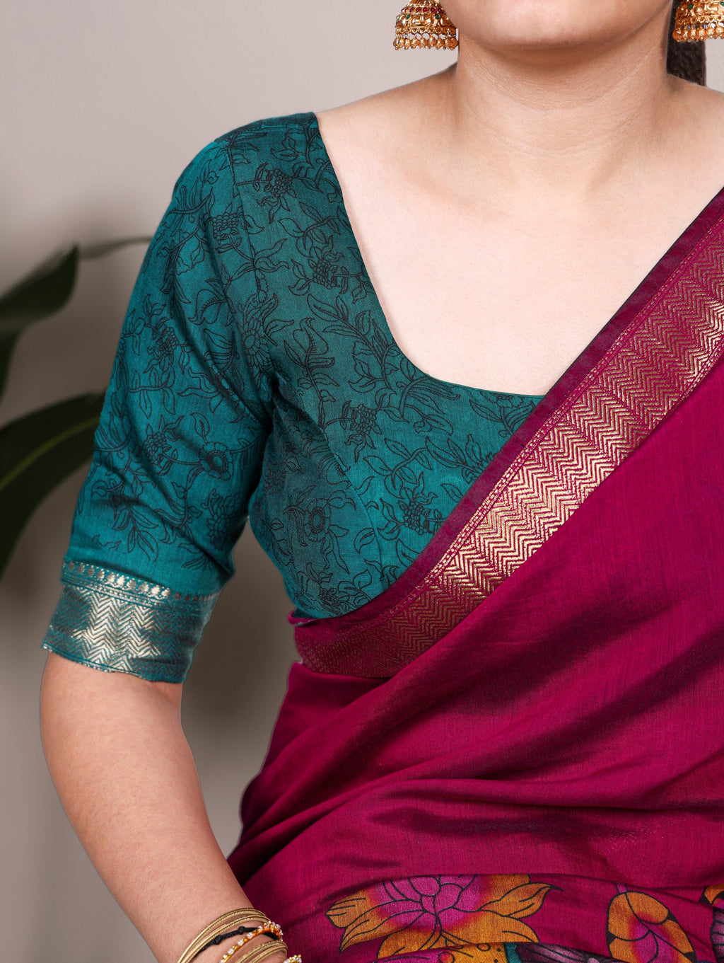 Pink Traditional Floral Printed Chanderi Saree with Zari Weaving Work Clothsvilla
