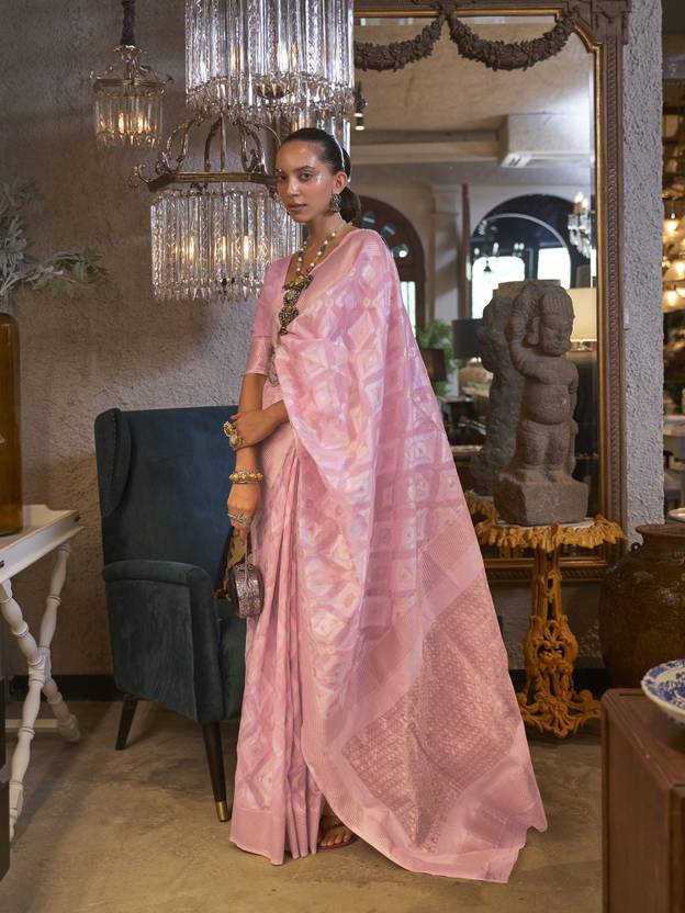 Pink Traditional Linen Banarasi Saree with Unstitched Blouse Piece ClothsVilla
