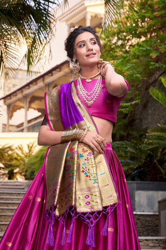 Pink Traditional Paithani Jacquard Silk Lehenga Set with Zari Weaving & Tassel Dupatta – Stitched ClothsVilla