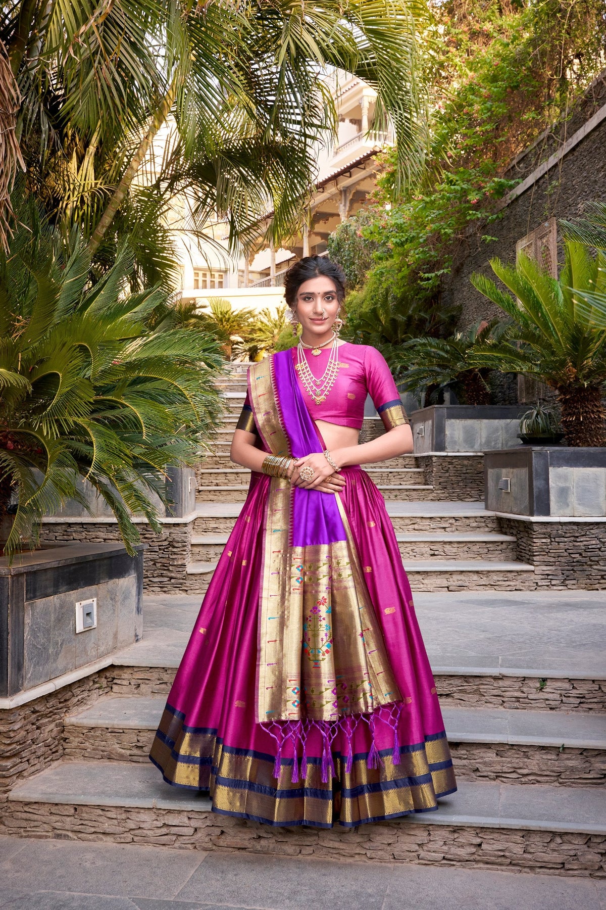 Pink Traditional Paithani Jacquard Silk Lehenga Set with Zari Weaving & Tassel Dupatta – Stitched ClothsVilla Main image