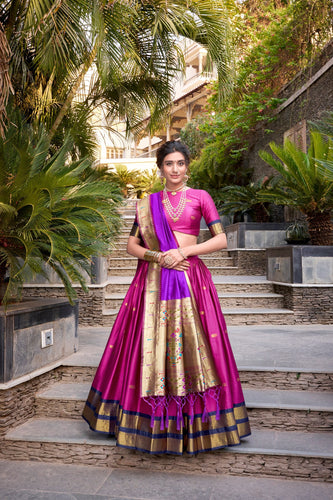 Pink Traditional Paithani Jacquard Silk Lehenga Set with Zari Weaving & Tassel Dupatta – Stitched ClothsVilla