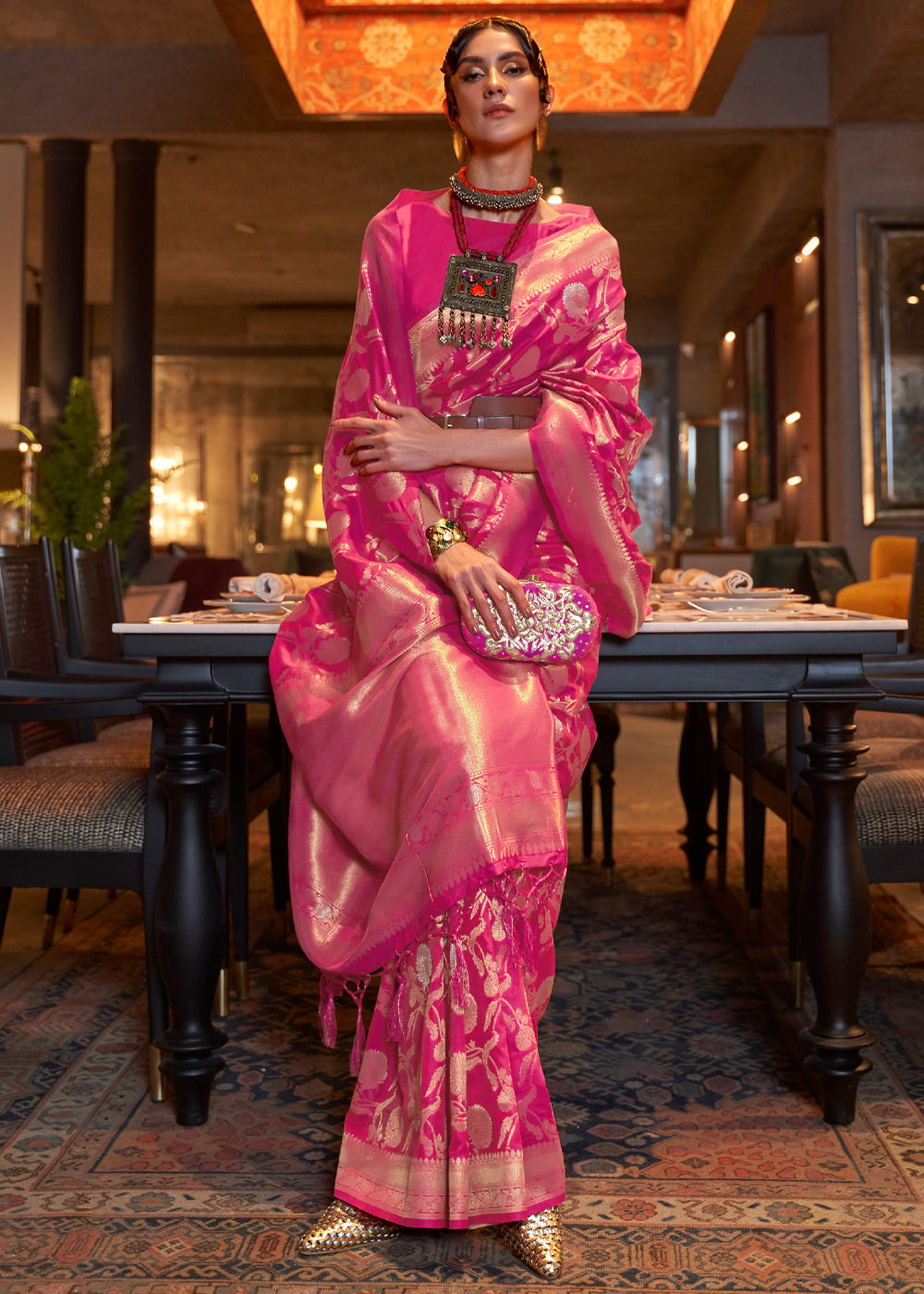PinkTrendy Cotton Silk Jacquard Saree with Zari Woven Border ClothsVilla Main image