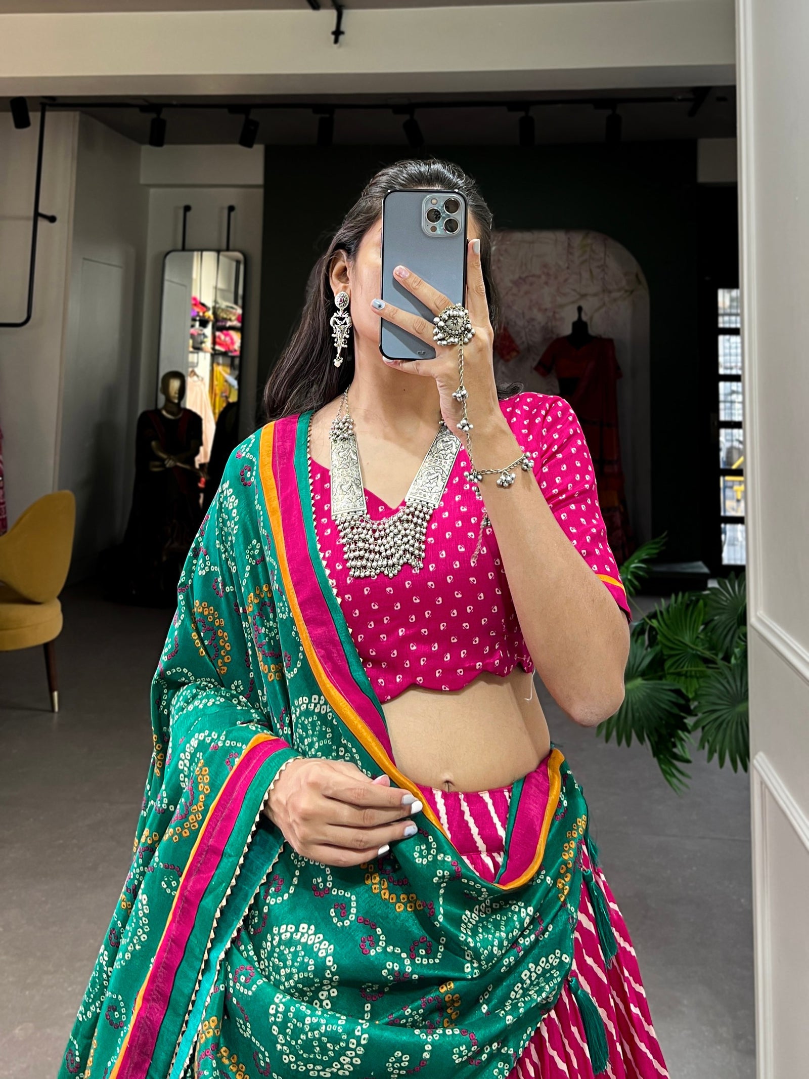 Pink Tussar Silk Lehenga Choli with Leheriya Print, Patola Border & Bandhani Dupatta ClothsVilla