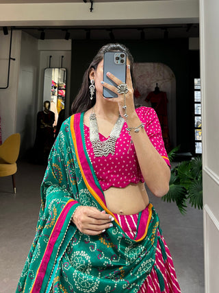 Pink Tussar Silk Lehenga Choli with Leheriya Print, Patola Border & Bandhani Dupatta ClothsVilla