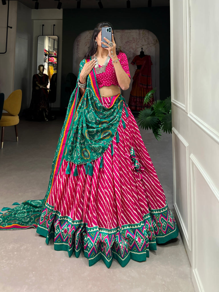 Pink Tussar Silk Lehenga Choli with Leheriya Print, Patola Border & Bandhani Dupatta ClothsVilla