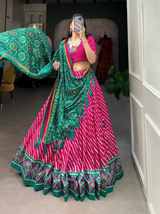 Pink Tussar Silk Lehenga Choli with Leheriya Print, Patola Border & Bandhani Dupatta ClothsVilla